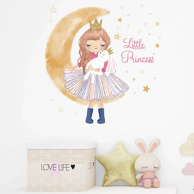1pc Cartoon Mädchen Prinzessin mit Hase Mond Wand Aufkleber für Mädchen Zimmer Kinderzimmer Kinderzimmer Wand Aufkleber Hause dekorative