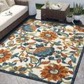 Multicolor Contemporary Flower Print 6 X 9 Premium Area Rug Rugs Brown Cream & Blue Floral Nature Design Indoor/Outdoor Rug