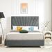 Luxurious & Elegant Upholstered Platform Bed w/ Electroplate Legs and Stripe Headboard, Wood Slat Support Queen Bed Frame - Grey