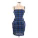 Shein Casual Dress - Sheath Square Sleeveless: Blue Plaid Dresses - Women's Size Large