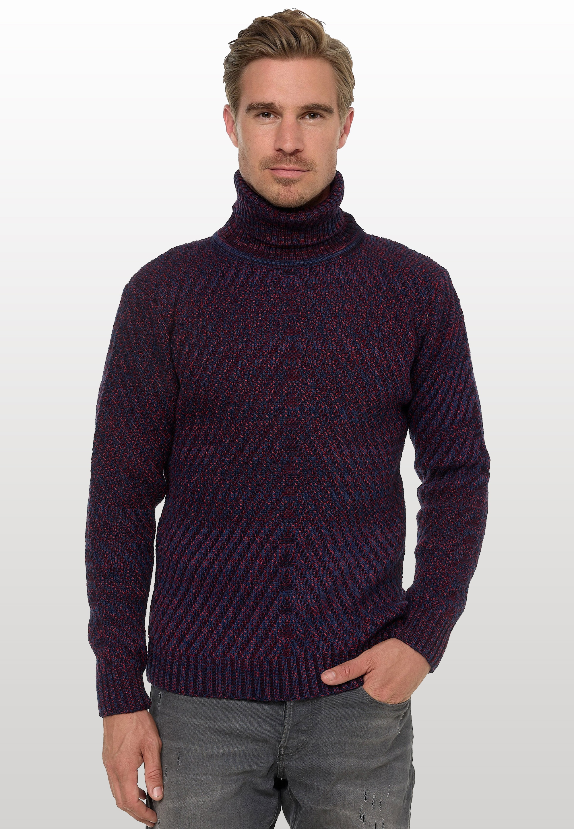 Strickpullover RUSTY NEAL, Herren, Gr. M, lila, 70% Polyacryl, 30% Baumwolle, meliert, normal, hoch geschlossener Ausschnitt, Pullover Strickpullover, im angesagten Kontrast-Design