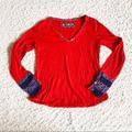 Anthropologie Tops | Anthro Little Yellow Button Red Henley Long Sleeve Top Embellished Cuffs Medium | Color: Blue/Red | Size: M