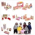 DecoBay Wooden Dolls House Furniture 4 Sets, 5 Sets, 6 Sets Bedroom, Kitchen, Bathroom and Living Room with Family Dolls (6 Sets of Rooms and 7 Black Family Dolls)