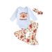 Thanksgiving Baby Girl Outfits Infant Turkey Letter Print Long Sleeve Romper Top Flared Pants Headband 3Pcs Clothes Set
