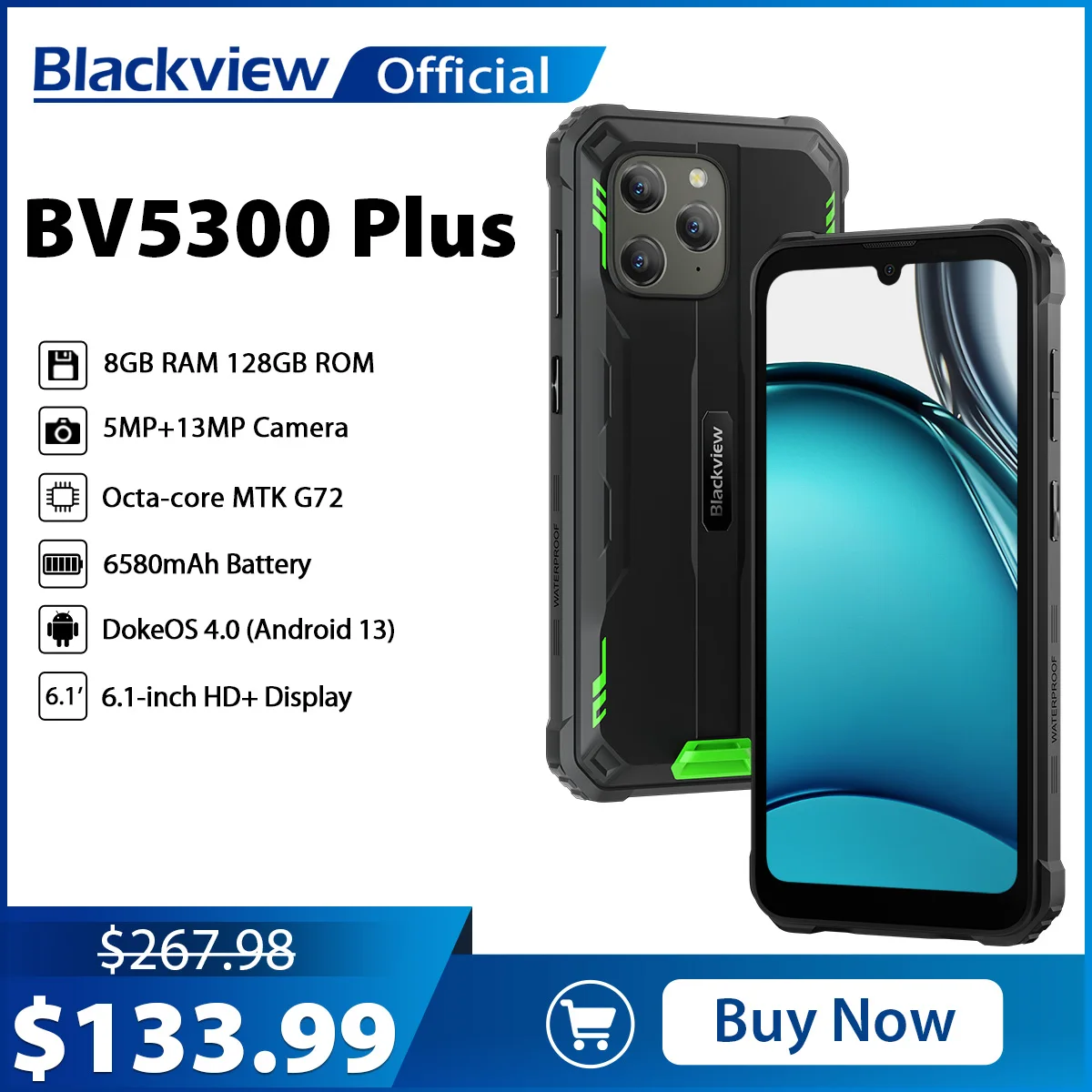 Blackview-Smartphone BV5300 Plus, Téléphone portable robuste, Android 13, Octa-Core, G72, 6.1, Écran HD, 8 Go, 128 Go, 13MP, 6580mAh