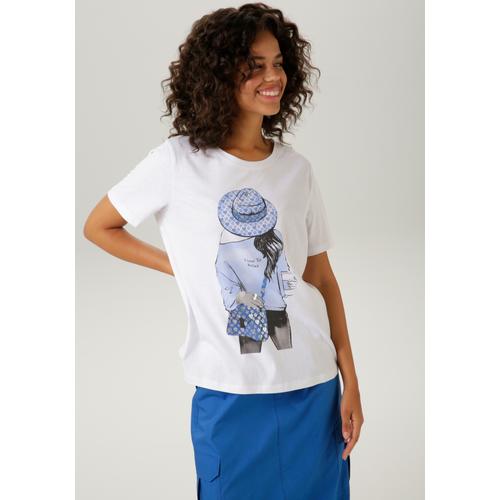 T-Shirt ANISTON CASUAL Gr. 44/46, blau (weiß-hellblau-schwarz-royalblau-silberfarben) Damen Shirts mit silberfarbenem Folienprint verzierter Frontdruck