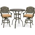 MEETWARM 3-Piece Patio Swivel Bar Set All-Weather Cast Aluminum Outdoor High Bar Stool Bistro Set for Backyard Garden with 2 Cushions Bar Chairs with Footrest and 38.5 Bar Table 2 Umbrella Hole