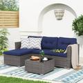 OC Orange-Casual 5-Piece Outdoor Sectional Sofa Set with Glass Coffee Table Grey Rattan & Navy Blue Cushion