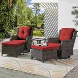PARKWELL 5-Piece Outdoor Conversation Sets Wicker Swivel Gliders with Ottomans Side Table Patio Seating Furniture with Red Cushions Brown Wicker