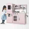 Kids Wooden Play Kitchen Boys Girls Pretend Toy with Sounds and Light Cooking Role Play Large Size 91.5x85.5x30cm - Pink (with Utensil Toys) (Pink)