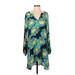 Umgee Casual Dress - Mini V Neck Long sleeves: Teal Floral Dresses - Women's Size Small