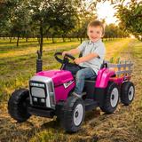 GymChoice 12V Kids Electric Tractor with Trailer Battery Powered Treaded Tires Remote Control Electric Tractor Toddler Ride On Car 7-LED Headlights 2+1 Gear MP3 Player USB Port for Kids 3-6
