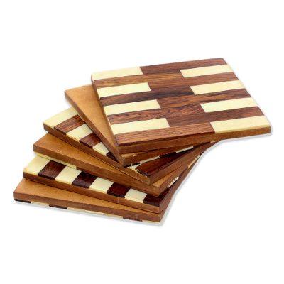 Lattice Elegance,'Mango Wood and Bone Coasters from India (Set of 6)'