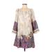 Entro Casual Dress - Mini Boatneck 3/4 sleeves: Ivory Paisley Dresses - Women's Size Medium - Print Wash