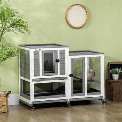 3-layer Wooden Rabbit Cage, Small Animal Hutch with Tray and Wheels