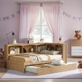 Kids Twin Size Daybed with Trundle, Wooden Children Storage Bed Frame with 5-Cabinets and USB Ports, White