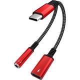 USB Type C to 3.5mm Headphone and Charger Adapter 2 in 1 Type C to Aux Audio Jack Hi-Res DAC and PD Fast Charge Dongle Cable Compatible with Most Type C Model (Red)