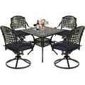 MEETWARM 5-Piece Outdoor Patio Dining Set All-Weather Cast Aluminum Patio Conversation Set with 4 Cushions Swivel Rocker Chairs for Backyard Garden Deck and 35.4 Square Table Navy Blue