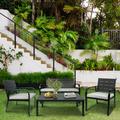 4 Pieces Patio Garden Sofa Conversation Set Wood Grain Design PE Steel Frame Loveseat All Weather Outdoor Furniture Set with Cushions Coffee Table for Backyard Balcony Lawn Black and Grey