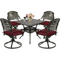 MEETWARM 5-Piece Outdoor Patio Dining Set All-Weather Cast Aluminum Patio Conversation Set with 4 Cushions Swivel Rocker Chairs for Backyard Garden Deck and 35.4 Square Table Chili Red