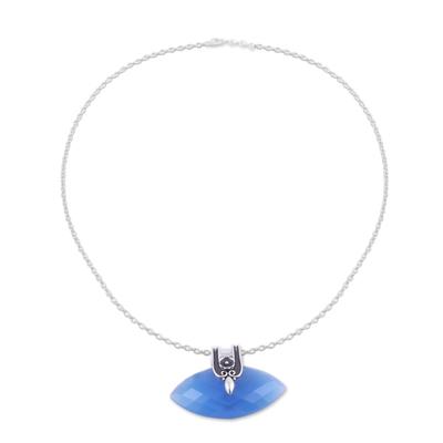 Blue Chalcedony and Silver Pendant Necklace from India 'Regal Eye'