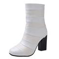 SPABOY Women Ankle Boots Patent Leather Suede Leather Patchwork Zip Leather Boots Wear-Resistant Block Heel Warm Lining Boots Shoes for Girls (Color : White, Size : 2 UK)