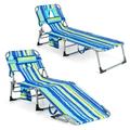 Goplus 2 PCS Outdoor Beach Lounge Chair Folding Chaise Lounge with Pillow Blue & Green