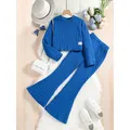 Ensemble de Vêtements pour Enfant Fille de 7 à 14 Ans Tenue en Tricot Bleu à Manches sulf Pantalon