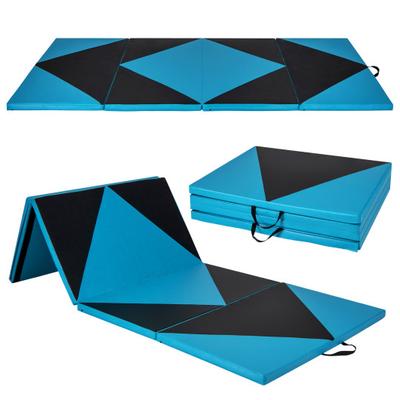 Costway 4-Panel PU Leather Folding Exercise Gym Mat with Hook and Loop Fasteners-Black & Turquoise