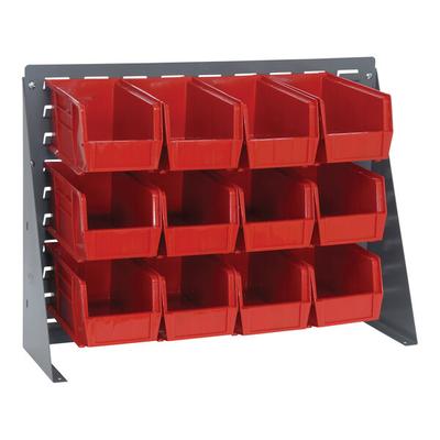 Quantum 27 3/4" x 8" x 21" Gray Steel Bench Rack with (12) 10 7/8" x 5 1/2" x 5" Red Bins QBR-2721-230-12RD