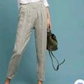 Anthropologie Pants & Jumpsuits | By Anthropologie Olive Green And White Striped 100% Linen Tapered Pants Size Xl | Color: Green/White | Size: Xl