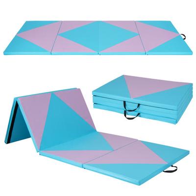 Costway 4-Panel PU Leather Folding Exercise Gym Mat with Hook and Loop Fasteners-Pink & Blue