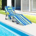 Goplus Outdoor Beach Lounge Chair Folding Chaise Lounge with Pillow Blue & Green