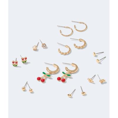Aeropostale Womens' Cherry Charm Hoop & Stud Earring 9-Pack - Gold - Size ONE SIZE - Metal