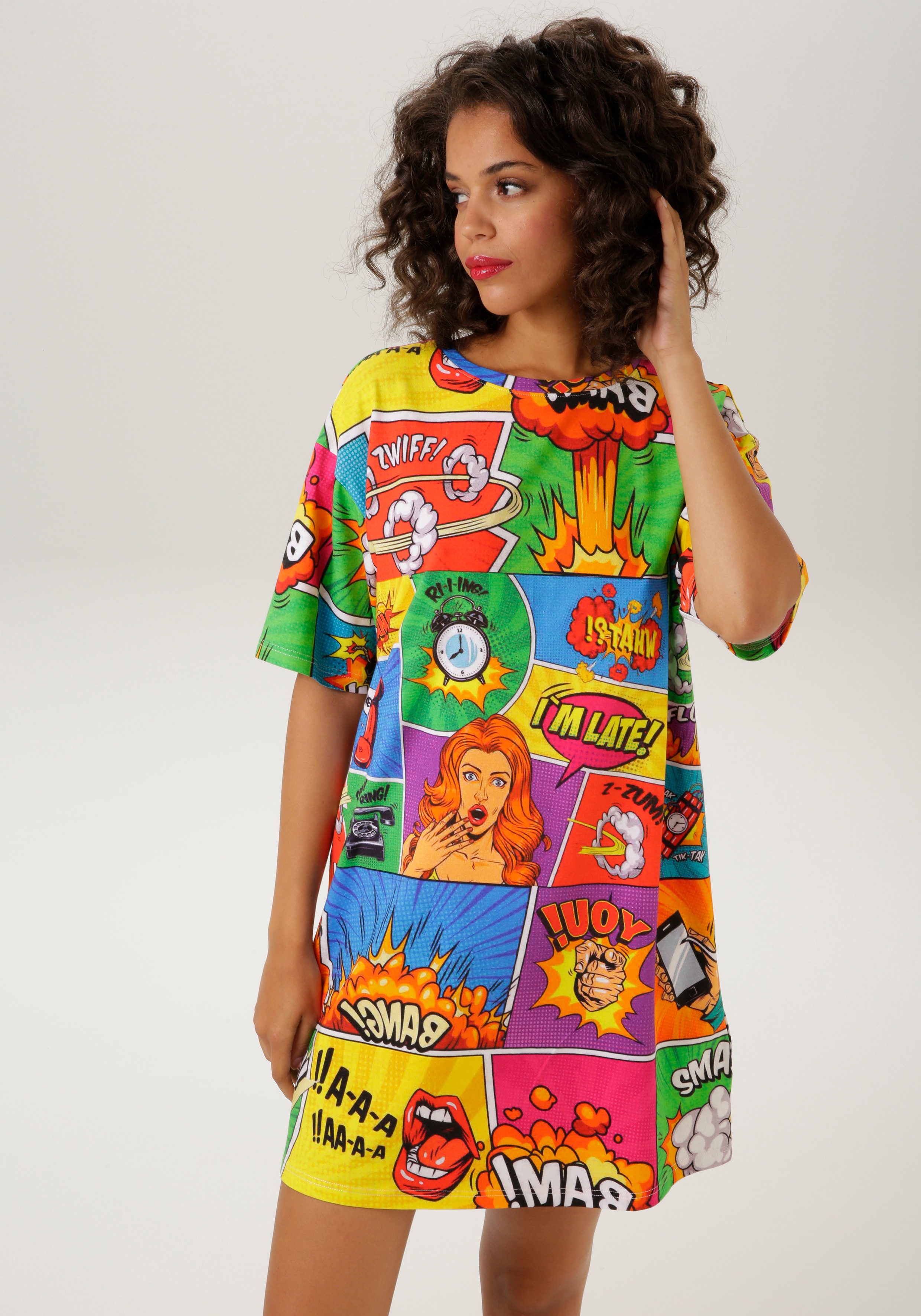 Minikleid ANISTON CASUAL, Damen, Gr. 44, N-Gr, bunt (grün, gelb, pink, lila, orange, blau, gelb, weiß, schwarz, rot), Single Jersey, Obermaterial: 95% Baumwolle, 5% Elasthan, bedruckt, figurumspielend kniefrei, Rundhals, Kleider Minikleid, mit...