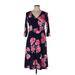 Pink Blush Casual Dress - A-Line V-Neck 3/4 sleeves: Black Floral Dresses - Women's Size Large