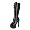 OAUSZC Women's High Block Heel Knee High Platform Boots Round Toe Lace-Up Dress Party Combat Boots,Black,7 UK