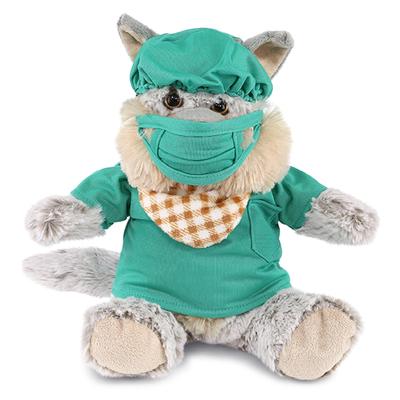 DolliBu Sitting Wolf Doctor Plush Toy with Cute Scrub Uniform and Cap - 9 inches