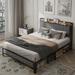 Queen Size Heavy-Duty Platform Bed Frame with Charging Station, Upholstered Headboard & Metal Slats