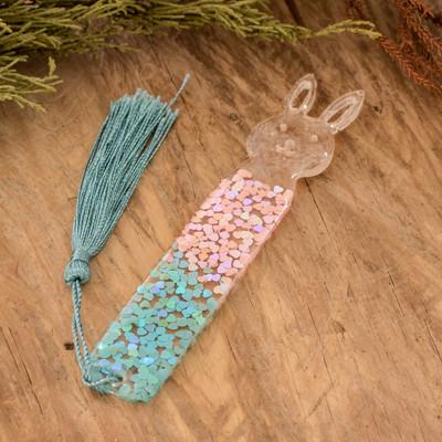 'Handmade Bunny-Themed Resin Bookmark with Turquoise Tassel'