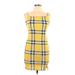 Almost Famous Casual Dress - Bodycon Square Sleeveless: Yellow Plaid Dresses - Women's Size Large