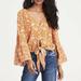 American Eagle Outfitters Tops | American Eagle Bell Sleeve Peasant Blouse Tie Waist Retro Floral V-Neck Boho Med | Color: Orange | Size: M