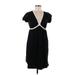 Ann Taylor LOFT Casual Dress - Mini V Neck Short sleeves: Black Print Dresses - Women's Size Medium Petite