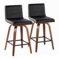 LumiSource Vasari Mid-Century Modern Fixed-Height Barstool w/ Swivel In Walnut Wood & Faux Leather w/ Square Metal Footrest | Wayfair