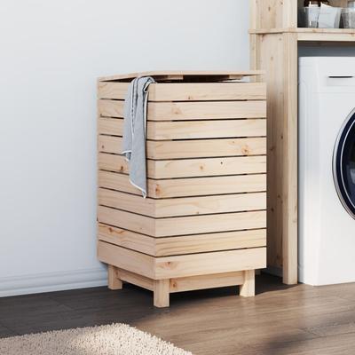 vidaXL Laundry Basket Clothes Hamper Washing Bin with Lid Solid Wood Pine - 17.3" x 17.3" x 26"