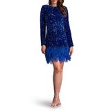 Sequin Feather Trim Long Sleeve Cocktail Dress - Blue - SHO by Tadashi Shoji Dresses