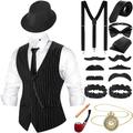 Neer 1920s Mens Costume Accessories Outfit with Gangster Vest Fedora Hat Vintage Pocket Watch Bow Tie Suspenders Accessories (Black White Stripe,Medium)