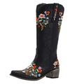 Cowboy Boots Ladies Pointed Toe Embroidery Knee High Boots Retro Stylish Western Cowgirl Cowboy Boots Combat Boots Brown Black Riding Boots Women Leather Boots Ladies Fancy Dress Boots Long Booties UK
