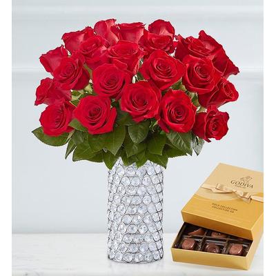 1-800-Flowers Flower Delivery Sparkle Her Day Two Dozen Red Roses 24 Stems W/ Prism Vase & Godiva Chocolate