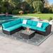 Kinbor 7pcs Outdoor Patio Rattan Wicker Furniture Sectional Sofa Set with Blue Cushions